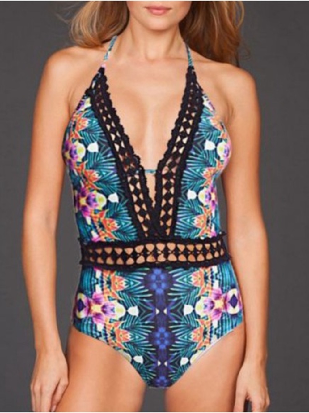 Nanette Lepore Habanera Goddess Deep V One Piece Swimsuit Crochet Size L
